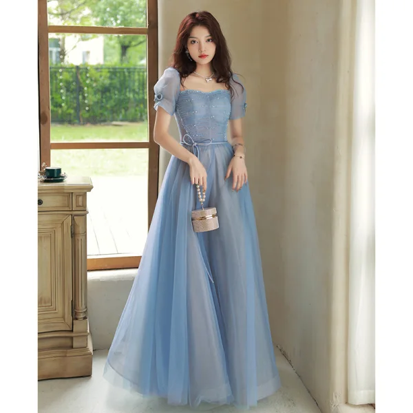 blue dress for baby girl A-line Blue Lace Long Prom Dresses With Split Beaded Modest Formal Dress  SED114 main image 0