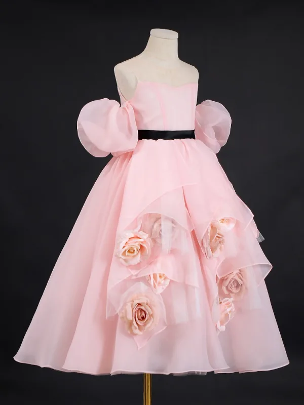 Lovely Blushing Pink Appliques Birthday Organza Flower Girl Dresses 2024 A-Line / Princess Strapless Puffy Short Sleeve Backless Floor-Length / Long
