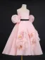 Lovely Blushing Pink Appliques Birthday Organza Flower Girl Dresses 2024 A-Line / Princess Strapless Puffy Short Sleeve Backless Floor-Length / Long