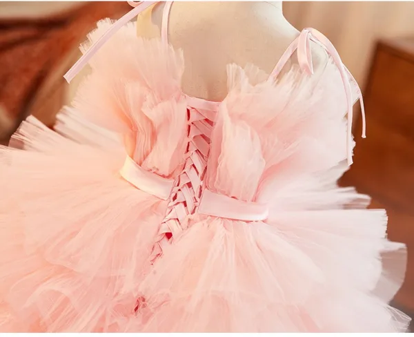 Fashion Blushing Pink Cascading Ruffles Birthday Flower Girl Dresses 2025 Ball Gown Spaghetti Straps Sleeveless Backless Bow Sash Court Train