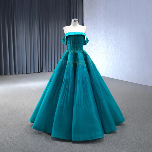 High-end Sage Green Beading Prom Dresses 2024 Ball Gown Off-The-Shoulder Sleeveless Backless Floor-Length / Long Prom Formal Dresses
