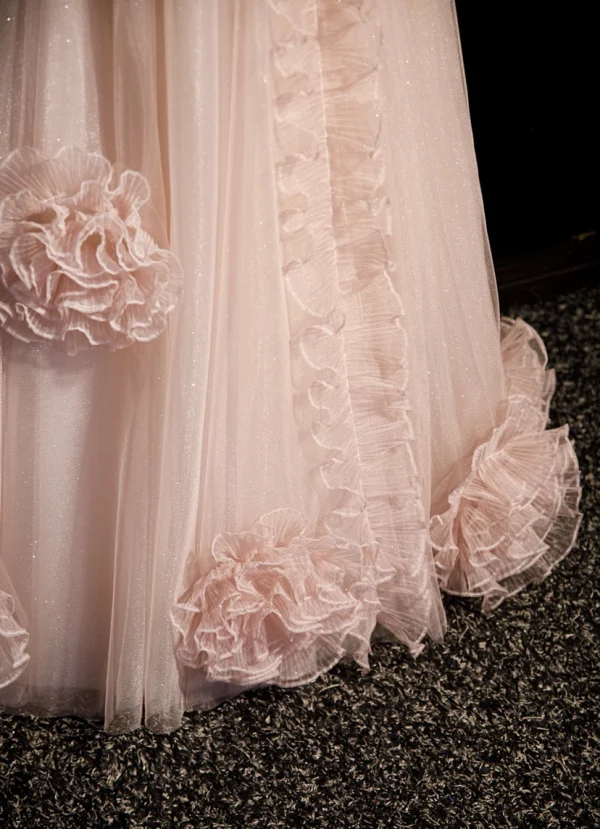 Classy Pearl Pink Pearl Sequins Prom Dresses 2022 A-Line / Princess Off-The-Shoulder Ruffle Flower Short Sleeve Backless Floor-Length / Long Prom Formal Dresses