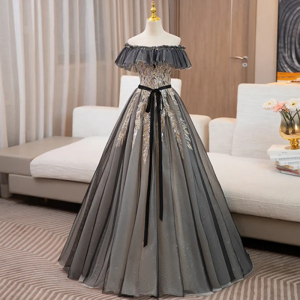 Elegant Black Sequins Lace Flower Prom Dresses 2024 Ball Gown Off-The-Shoulder Sleeveless Backless Bow Sash Floor-Length / Long Prom Formal Dresses