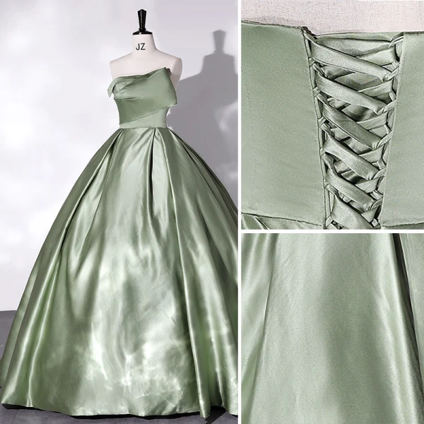 Vintage / Retro Chic / Beautiful Sage Green Satin Prom Dresses 2022 Ball Gown Strapless Sleeveless Backless Floor-Length / Long Prom Formal Dresses