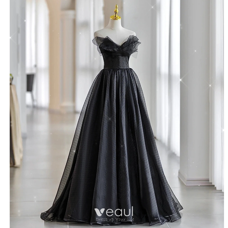 Elegant Black Corset Pleated Prom Dresses 2022 Ball Gown Strapless  Sleeveless Backless Sweep Train Formal Dresses