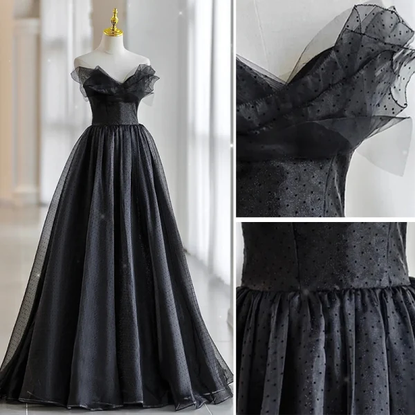 Chic / Beautiful Black Spotted Prom Dresses 2022 A-Line / Princess Strapless Sleeveless Backless Floor-Length / Long Prom Formal Dresses