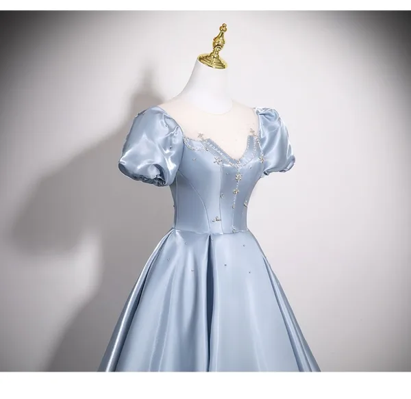 Elegant Sky Blue Satin Rhinestone Prom Dresses 2025 A-Line / Princess Scoop Neck Puffy Short Sleeve Backless Floor-Length / Long Formal Dresses