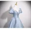 Elegant Sky Blue Satin Rhinestone Prom Dresses 2025 A-Line / Princess Scoop Neck Puffy Short Sleeve Backless Floor-Length / Long Formal Dresses
