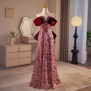 Sparkly Burgundy Sequins Flower Prom Dresses 2024 A Line Princess Off The Shoulder Short Sleeve Backless Bow Floor Length Long Prom Formal Dresses