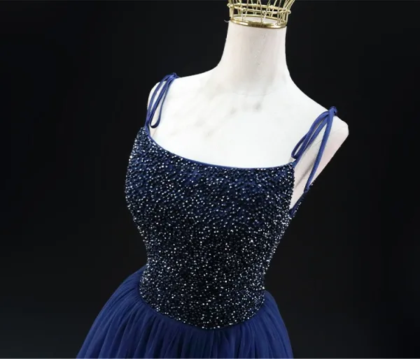 Vintage / Originale Bleu Marine Paillettes Robe De Bal 2024 Princesse Bretelles Spaghetti Sans Manches Dos Nu Longue Promo Robe De Ceremonie