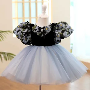 Chic Beautiful Black Printing Birthday Short Flower Girl Dresses 2023 Ball Gown Scoop Neck Puffy Short Sleeve Tulle