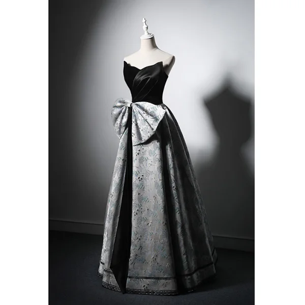 Vintage / Retro Black Evening Dresses 2022 A-Line / Princess Strapless Bow Sleeveless Backless Floor-Length / Long Evening Party Formal Dresses