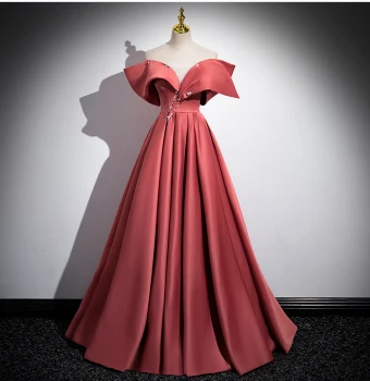 Élégant Watermelon Rouge Perle Satin Robe De Bal 2024 Robe Boule De L Épaule Manches Courtes Dos Nu Longue Promo Robe De Ceremonie