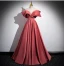 Elegant Watermelon Pearl Satin Prom Dresses 2024 Ball Gown Off-The-Shoulder Short Sleeve Backless Floor-Length / Long Prom Formal Dresses