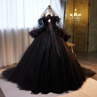 Moderne Mode Noire Volants En Cascade Paillettes Robe De Bal 2023 Robe Boule Bretelles Spaghetti Sans Manches Dos Nu Train De Balayage Promo Robe De Ceremonie