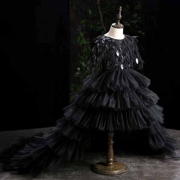 High Low Black Cascading Ruffles Prom Flower Girl Dresses 2022 Ball Gown Scoop Neck Sequins Short Sleeve Court Train Flower Girl Dresses