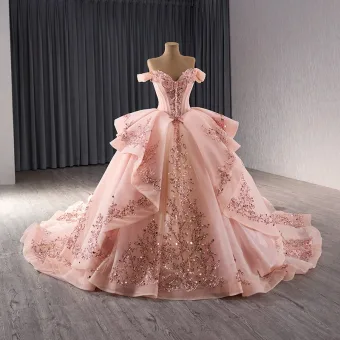 Luxe Rougissant Rose Perlage Paillettes Volants En Cascade Robe De Bal Robe Boule 2024 De L Épaule Sans Manches Dos Nu Chapel Train Promo Robe De Ceremonie