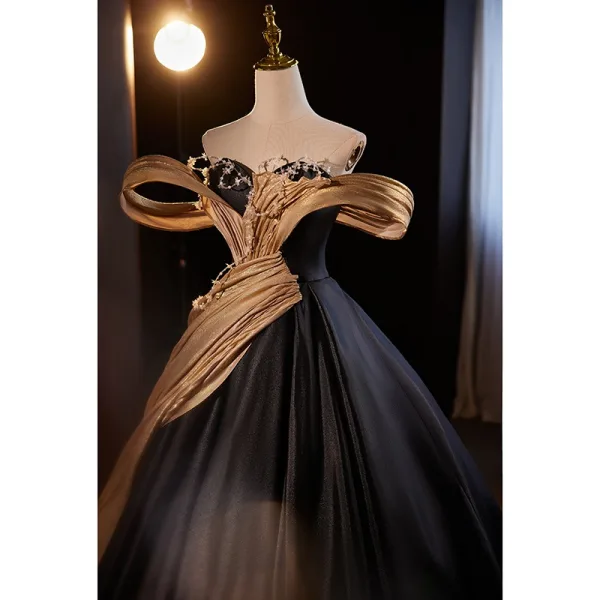 Elegant Black Gold Beading Glitter Prom Dresses 2024 Ball Gown Off-The-Shoulder Backless