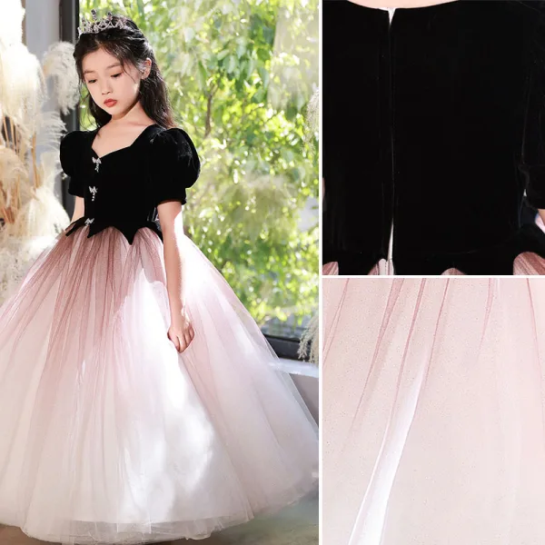 Chic / Beautiful Black Suede Birthday Flower Girl Dresses 2022 Ball Gown Square Neckline Rhinestone Bow Puffy Short Sleeve Floor-Length / Long Flower Girl Dresses