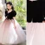 Chic / Beautiful Black Suede Birthday Flower Girl Dresses 2022 Ball Gown Square Neckline Rhinestone Bow Puffy Short Sleeve Floor-Length / Long Flower Girl Dresses