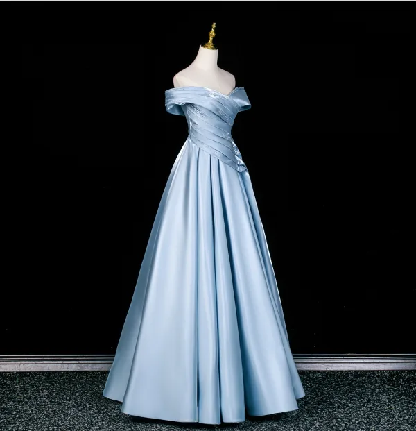 Elegante Himmelblau Satin Ballkleider 2026 A Linie Off Shoulder Ärmellos Rückenfreies Lange Ball Festliche Kleider