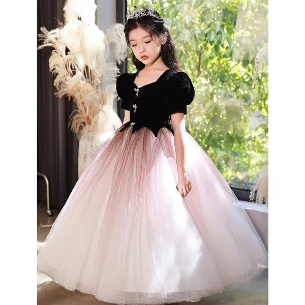 Chic / Beautiful Black Suede Birthday Flower Girl Dresses 2022 Ball Gown Square Neckline Rhinestone Bow Puffy Short Sleeve Floor-Length / Long Flower Girl Dresses