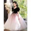 Chic / Beautiful Black Suede Birthday Flower Girl Dresses 2022 Ball Gown Square Neckline Rhinestone Bow Puffy Short Sleeve Floor-Length / Long Flower Girl Dresses