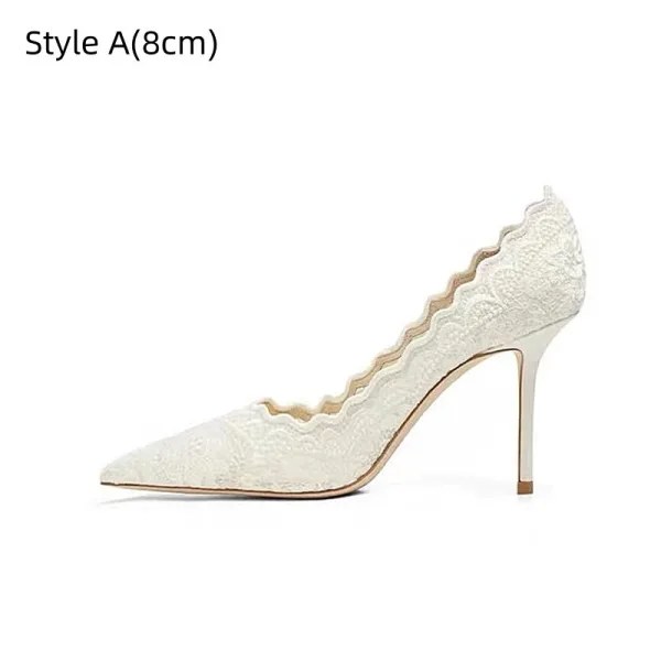 Elegant White Lace Flower Wedding Shoes 2026 Leather 8 cm Stiletto Heels Pointed Toe Wedding Pumps