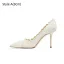 Elegant White Lace Flower Wedding Shoes 2026 Leather 8 cm Stiletto Heels Pointed Toe Wedding Pumps