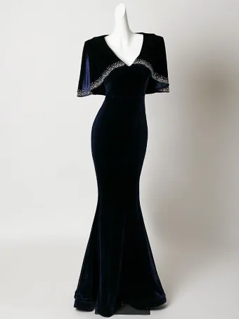 Vintage Retro Navy Blue Sequins Velvet Prom Dresses Trumpet Mermaid 2026 V Neck Short Sleeve Floor Length Long Formal Dresses