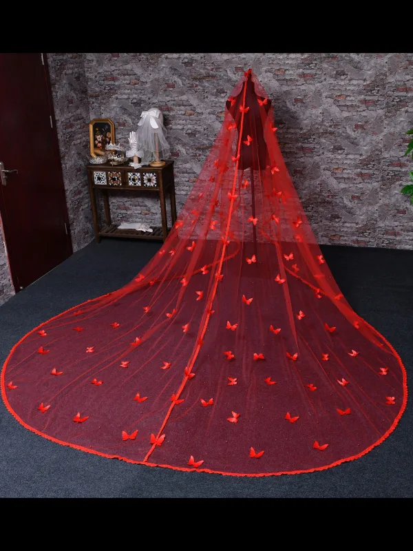 Chic / Beautiful Red Butterfly Chapel Train Wedding Veils 2025 3.5 m Tulle