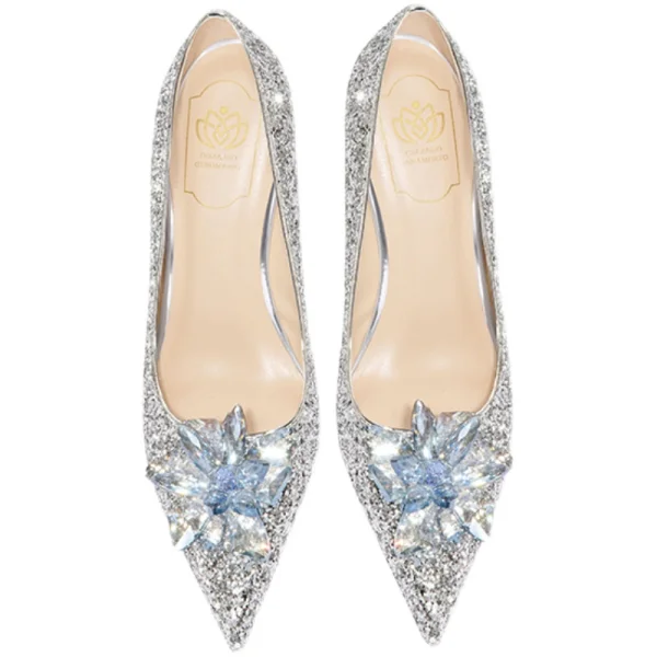 Sparkly Silver Crystal Sequins Wedding Shoes 2022 Leather 8 cm Stiletto Heels Pointed Toe Wedding Pumps High Heels