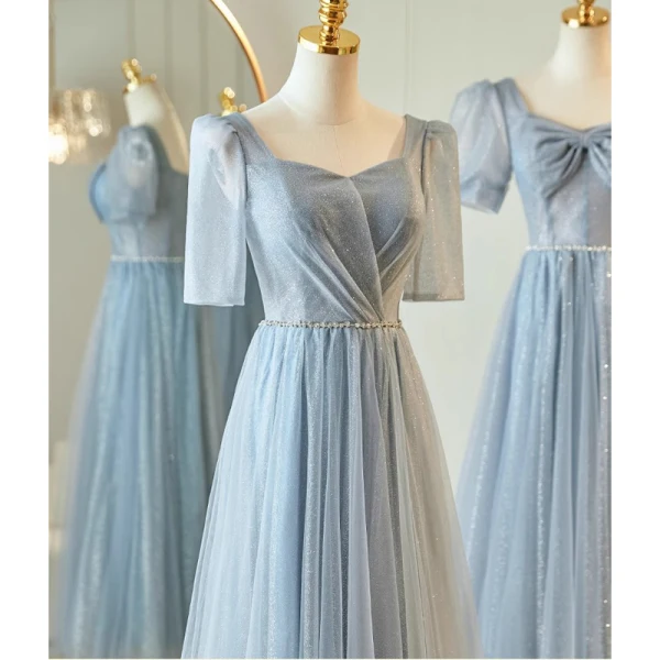 Chic / Belle Gris Perlage Faux Diamant Paillettes Robe Demoiselle D'honneur 2023 Princesse Encolure Carrée Manches Courtes Dos Nu Longue