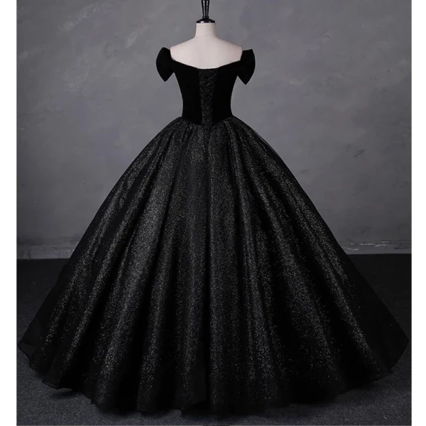 Charming Black Glitter Beading Velvet Prom Dresses Ball Gown 2023 Off-The-Shoulder Short Sleeve Backless Floor-Length / Long Prom Formal Dresses