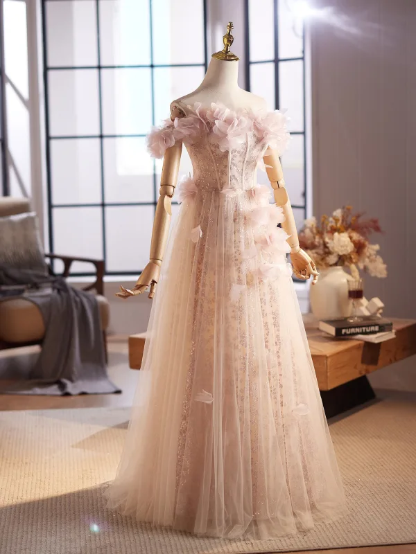 Chic / Beautiful Blushing Pink Appliques Sequins Prom Dresses 2025 A-Line / Princess Off-The-Shoulder Sleeveless Backless Floor-Length / Long Formal Dresses