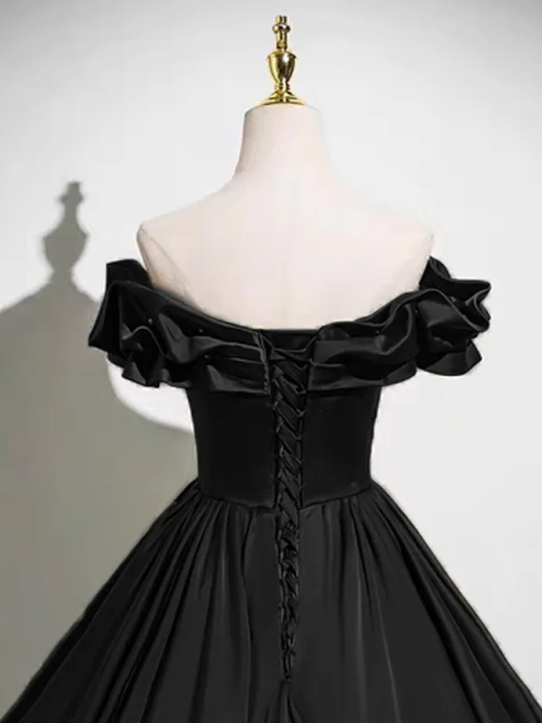 Elegant Black Satin Prom Dresses 2025 A-Line / Princess Off-The-Shoulder  Short Sleeve Backless Floor-Length / Long Formal Dresses