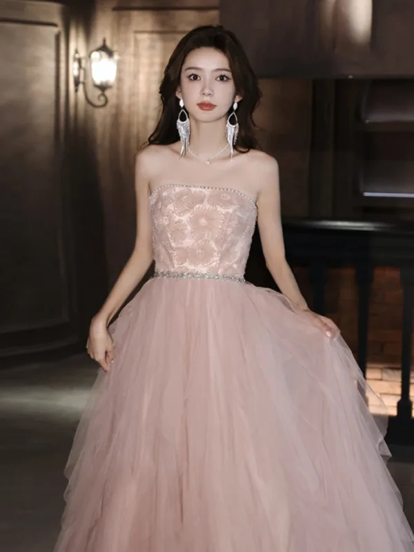 Charming Blushing Pink Beading Pearl Ruffle Prom Dresses 2023 A-Line / Princess Strapless Sleeveless Backless Floor-Length / Long Prom Formal Dresses