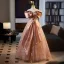 Chic / Beautiful Champagne Appliques Printing Prom Dresses 2025 A-Line / Princess Off-The-Shoulder Short Sleeve Backless Floor-Length / Long Prom Formal Dresses