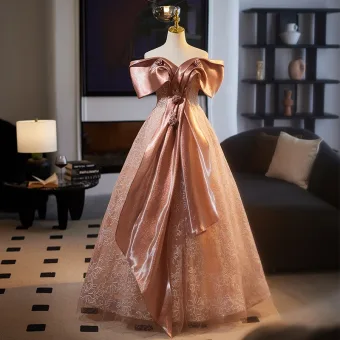 Schöne Champagner Applikationen Drucken Ballkleider 2025 A Linie Off Shoulder Kurze Ärmel Rückenfreies Lange Ball Festliche Kleider