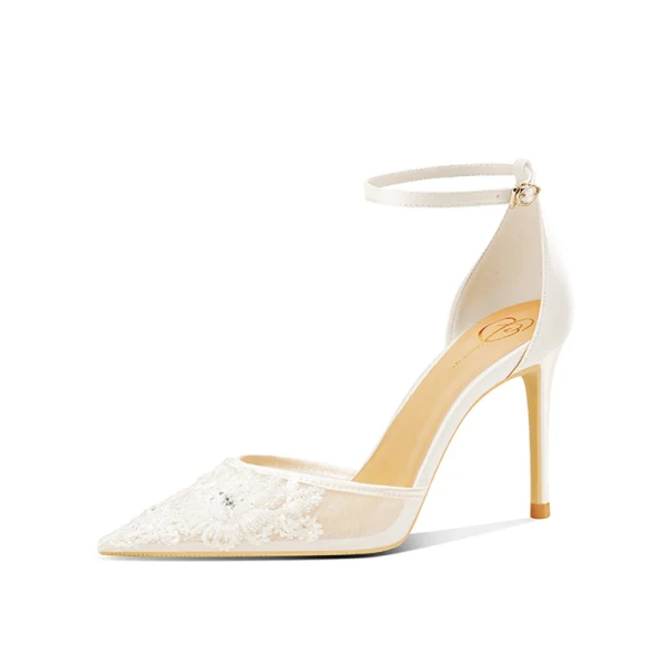 Charmig Elfenben Sommar Spets Blomma Brudskor 2022 Ankelband 8 cm Stilettklackar Peep Toe Bröllop Sandaler Högklackade