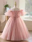 Elegant Blushing Pink Appliques Birthday Flower Girl Dresses 2026 Ball Gown Off-The-Shoulder Puffy Short Sleeve Backless Floor-Length / Long Tulle