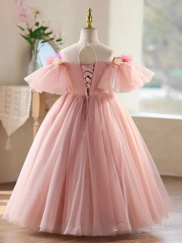 Chic / Beautiful Blushing Pink Lace Flower Appliques Birthday Flower Girl Dresses 2026 Ball Gown Scoop Neck Short Sleeve Backless
