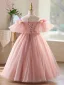 Chic / Beautiful Blushing Pink Lace Flower Appliques Birthday Flower Girl Dresses 2026 Ball Gown Scoop Neck Short Sleeve Backless
