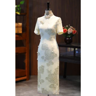 Chinese Style Ivory Glitter Printing Evening Party Silk Tea Length Cheongsam Qipao 2024 Trumpet Mermaid High Neck Short Sleeve