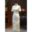 Chinese style Ivory Glitter Printing Evening Party Silk Tea-length Cheongsam / Qipao 2024 Trumpet / Mermaid High Neck Short Sleeve