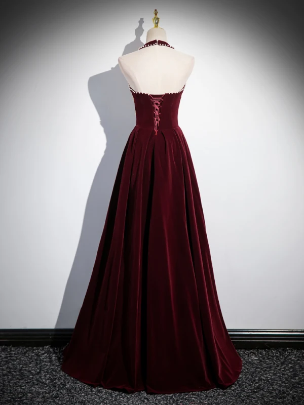 Chic / Beautiful Burgundy Beading Pearl Sequins Velvet Prom Dresses 2024 Ball Gown High Neck Sleeveless Backless Floor-Length / Long Prom Formal Dresses