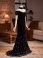 Sexy Black Sequins Velvet Evening Dresses 2026 Trumpet / Mermaid Off-The-Shoulder Short Sleeve Backless Bow Floor-Length / Long Evening Party Formal Dresses