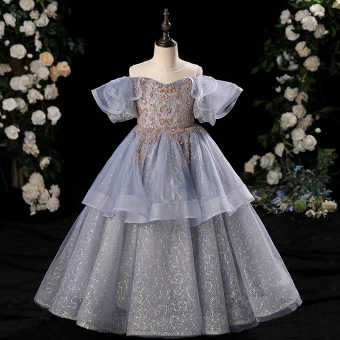 Chic Belle Océan Bleu Glitter Perlage Paillettes Volants En Cascade Anniversaire Robe Ceremonie Fille 2024 Princesse Encolure Dégagée Manches Courtes Longue Tulle