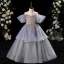 Chic / Beautiful Ocean Blue Glitter Beading Sequins Cascading Ruffles Birthday Flower Girl Dresses 2024 A-Line / Princess Scoop Neck Short Sleeve Floor-Length / Long Tulle