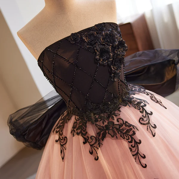 Chic / Beautiful Blushing Pink Beading Appliques Prom Dresses 2023 Ball Gown Strapless Sleeveless Backless Bow Floor-Length / Long Formal Dresses